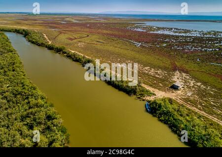 Luftaufnahme des Delta des Flusses Axios, im Norden Griechenlands Stockfoto
