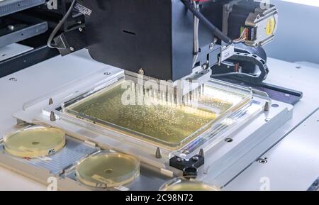 29. Juli 2020, Sachsen-Anhalt, Halle (Saale): Ein System zur Übertragung von Bakterienkolonien arbeitet im Labor von Navigo-Proteinen. Das Biotechnologieunternehmen hat seinen Sitz im Technologiepark Weinberg Campus, den der Wirtschaftsminister von Sachsen-Anhalt nun bei einem Besuch mit dem Weinberg Campus als "Zukunftsstandort" ausgezeichnet hat. Navigo Proteins wurde 1999 gegründet. Mit 50 Mitarbeitern ist das Unternehmen auf die Entwicklung von Proteinen spezialisiert, die in biotherapeutischen, diagnostischen und biotechnologischen Anwendungen eingesetzt werden. Derzeit ist das Unternehmen auch in der Arzneimittelforschung gegen beteiligt Stockfoto