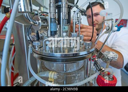 29. Juli 2020, Sachsen-Anhalt, Halle (Saale): Vitali Jakobi arbeitet an einem Bioreaktor im Navigo-Protein-Labor. Das Biotechnologieunternehmen hat seinen Sitz im Technologiepark Weinberg Campus, den der Wirtschaftsminister von Sachsen-Anhalt nun bei einem Besuch mit dem Weinberg Campus als "Zukunftsstandort" ausgezeichnet hat. Navigo Proteins wurde 1999 gegründet. Mit 50 Mitarbeitern ist das Unternehmen auf die Entwicklung von Proteinen spezialisiert, die in biotherapeutischen, diagnostischen und biotechnologischen Anwendungen eingesetzt werden. Derzeit ist das Unternehmen auch an der Arzneimittelforschung gegen das Coronavirus beteiligt Stockfoto