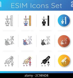Symbole für genetische Bedingungen gesetzt. Erwachsene mit Dawrfismus. Integrativer Arbeitsplatz. Chronische Krankheit. Patient mit Hämophilie. Erste Hilfe. Linear, schwarz und RGB-Farbskalt Stock Vektor