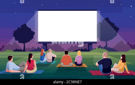 Open Air Kino semi Flat Vektor-Illustration. Die Leute sitzen auf Gras und schauen sich Filme an. Filmabend im Freien im öffentlichen Park. Paare auf Datum. Festival-Krähe Stock Vektor