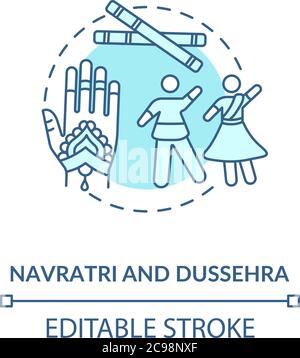 Navratri und dussehra Konzept-Ikone. Hindu Festival Idee dünne Linie Illustration. Traditionelle indische Accessoires und feiern Menschen Vektor isoliert Stock Vektor