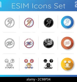 Symbole für sensorische Entbehrungen gesetzt. Hören Sie die Aufregung. Rechtlich blind. Sehverlust. Sensorische Überempfindlichkeit. Autistischer Patient. Linear, schwarz und RGB-Farbe Stock Vektor