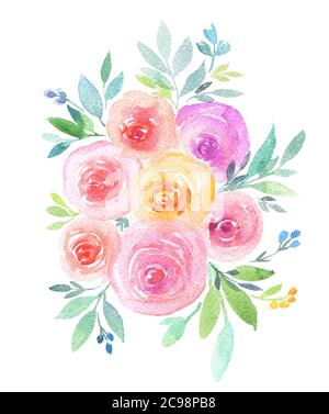 Handzeichnung boho Aquarell florale Illustration mit rosa und gelben Blumen, grünen Zweigen, Blättern. Aquarell Rosen auf weißem Hintergrund. Isoliert Stockfoto