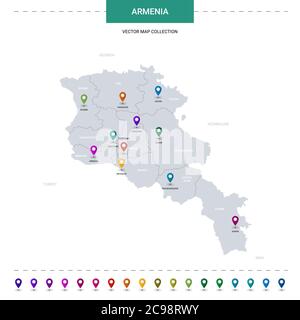 Armenien-Karte mit Positionsmarkierungen. Infografik Vektorvorlage, isoliert auf weißem Hintergrund. Stock Vektor