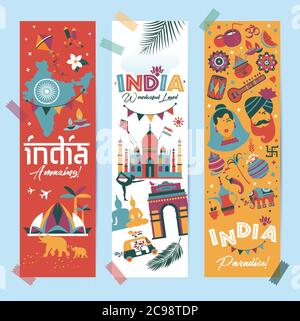 Indien Set Asien Land Vektor indische Architektur Asiatische Traditionen buddhismus Reise isolierte Symbole und Symbole in 3 vertikalen Bannern. Stock Vektor