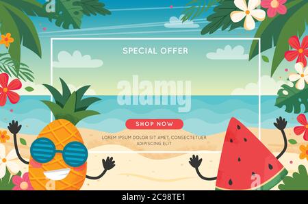 Sommer-Sale-Banner mit Obst-Charakter, Strandlandschaft, Schriftzug und floralen Rahmen. Vektorgrafik im flachen Stil Stock Vektor