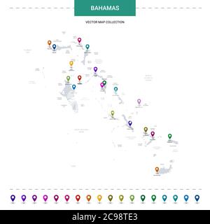 Bahamas-Karte mit Positionsmarkierungen. Infografik Vektorvorlage, isoliert auf weißem Hintergrund. Stock Vektor