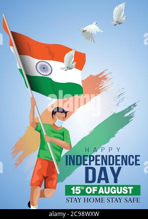 Happy Independence Day Indien. vektor-Illustration von indischen Mann mit Flagge. corona Virus covid-19 Konzept. Poster, Banner, Vorlage Design Stock Vektor