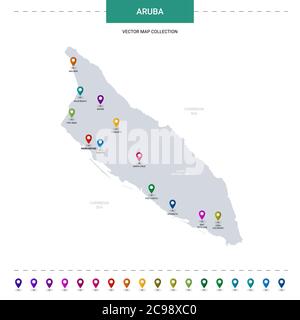 Aruba-Karte mit Positionsmarkierungen. Infografik Vektorvorlage, isoliert auf weißem Hintergrund. Stock Vektor