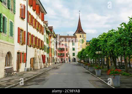 Schweiz, Kanton Neuchatel, Le Landeron, befestigtes Nordtor um 1659 Stockfoto