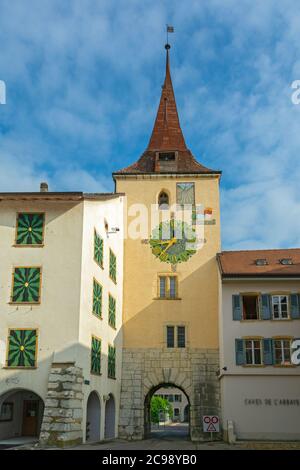 Schweiz, Kanton Neuchatel, Le Landeron, befestigtes Nordtor um 1659 Stockfoto