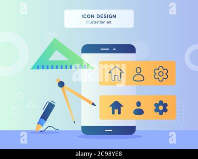 Icon Design Konzept Kompass Zeichnung Lineal Stift vor Smartphone mit Haus Menschen Getriebe Symbol auf Monitor flach Stil. Stock Vektor