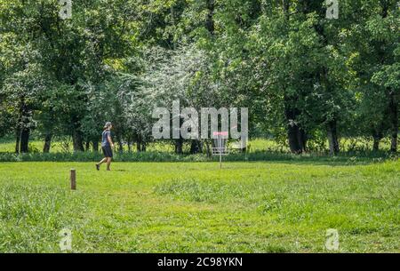 Ein Kerl in unscharfer Bewegung wirft die Frisbee in den Disc-Golfkorb in einem Park mit den Wäldern im Hintergrund an einem heißen sonnigen Tag im Sommer Stockfoto