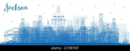 Umrisse Jackson Mississippi Skyline der Stadt mit blauen Gebäude. Vector Illustration. Business Travel und Tourismus Konzept mit historischer Architektur. Stock Vektor