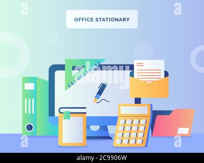 Büro stationär Konzept Monitor Computer Hintergrund Rechner Buch Mail-Datei Ordner Lineal mit flachen Stil. Stock Vektor