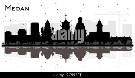 Medan Indonesia City Skyline Silhouette mit schwarzen Gebäuden und Reflektionen isoliert auf Weiß. Vektorgrafik. Stock Vektor