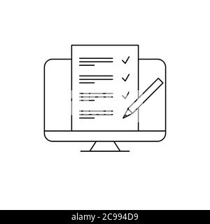 Online-Test oder -Prüfung. Computerbildschirm mit Quizpapier. Fragebogen auf PC-Monitor mit Bleistift. Checkliste oder Fragebogen. Zeilensymbol. Schwarzer Umriss Stock Vektor