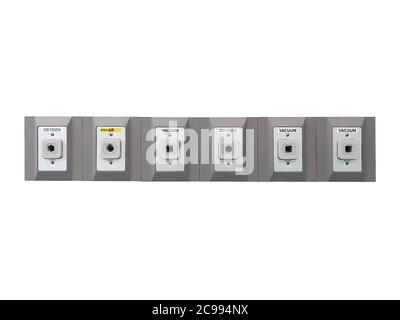 Medizinische Gasauslass - Lachgas - Sauerstoff - Luft - Vakuum-Plugin auf weißem Hintergrund. Stockfoto