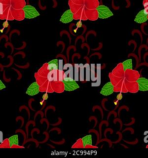 Nahtloses Muster Tapete von Hibiscus Blumen und Blätter auf schwarzem Hintergrund. Handgezeichnete Vektorgrafik. Stock Vektor