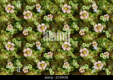 Nahtloses Grünmuster mit grünen und rosa Blüten. Stockfoto