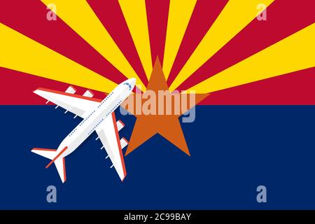 Vektor-Illustration eines Passagierflugzeugs, das über die Arizona-Flagge fliegt. Konzept von Tourismus und Reisen Stock Vektor