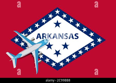Vektor Illustration eines Passagierflugzeugs, das über die Flagge von Arkansas fliegt. Konzept von Tourismus und Reisen Stock Vektor