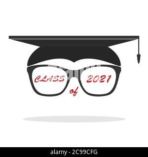 Absolventenhut mit einem Brillengestell und der Inschrift Klasse von 2021. Vektorgrafik. Flaches Design isoliert auf weißem Hintergrund Stock Vektor