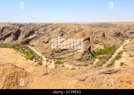 Typisch trostlose, aride geschichtete Felsen bergiges Gelände und ausgetrocknetes Flussbett in der Namib Wüste an der Skeleton Küste, Namibia, Südwestafrika Stockfoto