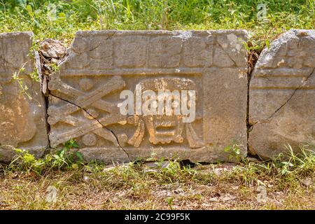 Details von Wandschnitzereien mit Schädel und gekreuzten Knochen in Uxmal, einer antiken Maya-Stadt und archäologischen Stätte in der Nähe von Merida, Yucatan, Mexiko Stockfoto