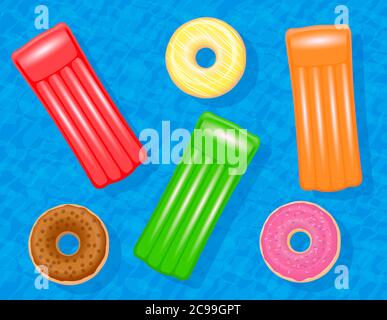 Aufblasbare Luftmatratzen und Donut Schwimmringe in einem Pool. Bunte Set schwimmend auf blauem Wasser, Symbol für Gruppenreisen Spaß. Stockfoto