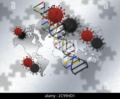 Covid-Moleküle, Weltkarte und DNA-Strang. 3D-Rendering Stockfoto