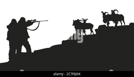 Vector Illustration. Gewehr Jäger, die auf eine Gruppe von Ziegen in einem Berg. Silhouette. Stock Vektor