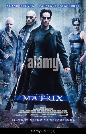 The Matrix (1999) von den Wachowski Brothers mit Keanu Reeves, Laurence Fishburne, Carrie-Anne Moss und Joe Pantoliano. Ein Computerhacker findet heraus, dass das Kaninchenloch tiefer ist, als er sich vorstellen konnte, als er sich entschließt, die rote Pille in diesem bahnbrechenden und innovativen Science Fiction Klassiker zu nehmen. Foto des Original-Posters aus dem Jahr 1999 (USA) ***NUR FÜR REDAKTIONELLE VERWENDUNG***. Quelle: BFA / Warner Bros Stockfoto