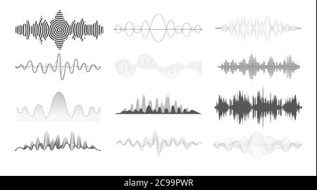 Schallwellen eingestellt. Audio-Equalizer-Technologie, Lautstärkesymbol, Pulse Musical, Voice Line Wellenform, elektronisches Funksignal, seismische Wellen. Stock Vektor