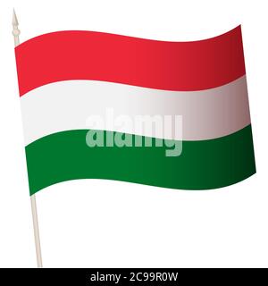 Vektor winkende Flagge auf einem Fahnenmast. Die Nationalflagge von Ungarn. Farbsymbol auf Weiß isoliert. Stock Vektor