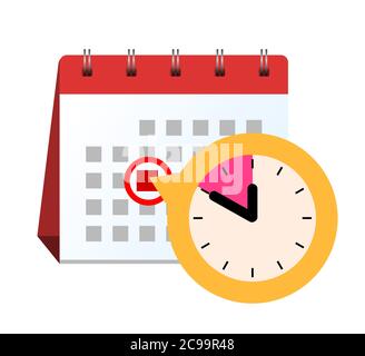 Kalender-Tabelle steht mit dem Stichtag Datum und eine Uhr symbolisieren die Endzeit. vektor-Symbol in flachen Stil. Stock Vektor