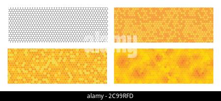 Set von Wabenhintergründen. Texturen aus einer schwarzen Kontur und mehrfarbigen Bienenwaben. Stock Vektor