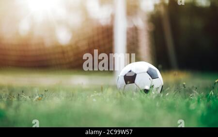 Schwarz und weiß-Ball liegend auf dem grünen Rasen Stockfoto