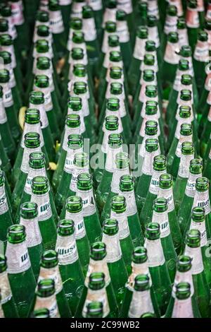 Yichang, China - August 2019 : Reihe von leeren chinesischen Bierflaschen für Recycling gesammelt Stockfoto