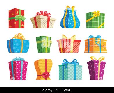 Weihnachtsgeschenke. Set von bunten Cartoon präsentiert, isoliert auf weißem Hintergrund. Vektor-Illustration von niedlichen Geschenkboxen mit Bändern. Stock Vektor