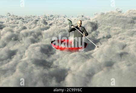 Mann paddelt durch Wolken Stockfoto
