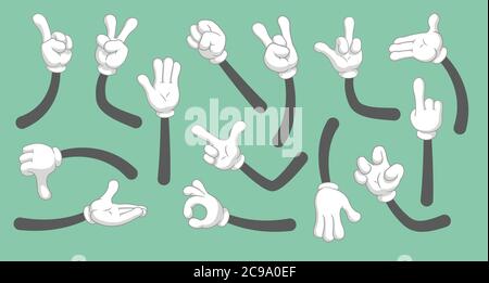 Cartoon Hände in Handschuhen. Vektor Cliparts Arme in verschiedenen Posen. Vektor-isolierte Illustrationssymbole gesetzt Stock Vektor