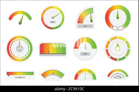 Geschwindigkeitsmesser für Unternehmensgutschriften. Bonitätsindikatoren mit Farbwerten von schlecht bis gut. Level-Indikator, Kreditwürdigkeit Scoring Manometer Stock Vektor