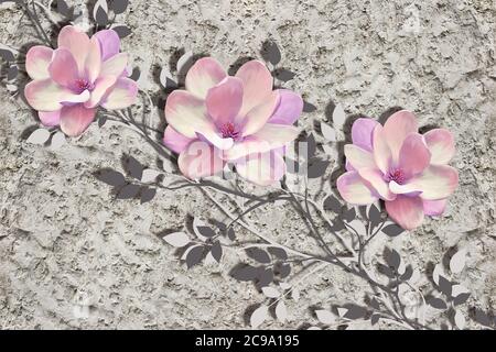 3d Tapete, Magnolienblumen auf rauer Putzwand Stockfoto
