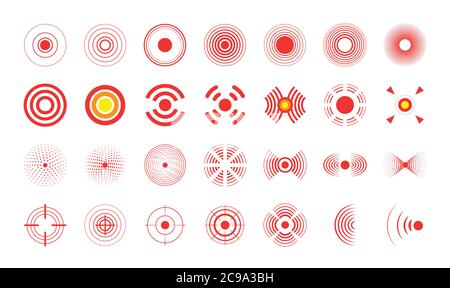 Schmerzkreise. Vektor-Set von medizinischen Symbolen zur Darstellung radialer Zielprobleme. Rote schmerzhafte Zielfleck, Ziel Medikamente Heilmittel Kreis und Gelenk Stock Vektor