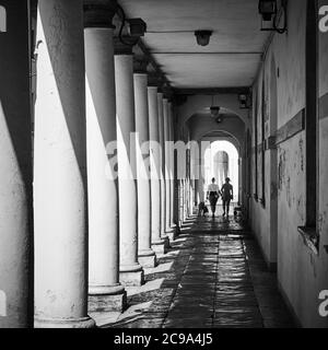 Blick auf die überdachte Galerie an einer Straße in Treviso, Italien. Schwarz-Weiß-Stadtfotografie. Flacher Freiheitsgrad! Stockfoto