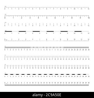 Zoll- und metrische Lineale. Messskala mit schwarzen Markierungen. Maßstab für ein Lineal in Zoll und Zentimeter. Vektor-isolierter Satz. Stock Vektor