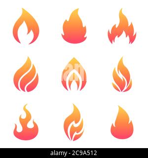 Cartoon Flames Set. Flache Feuersymbole auf weißem Hintergrund für Gefahrenkonzept oder Logo-Design isoliert. Vektordarstellung Stock Vektor