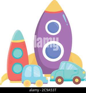 Kinder Spielzeug Objekt amüsant Cartoon Kunststoff Raketenautos und Zug Vektor Illustration Stock Vektor